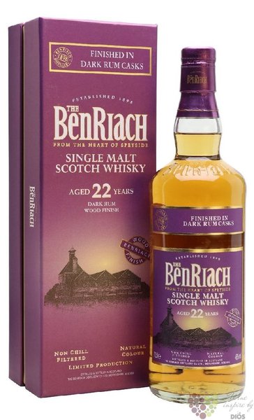 BenRiach  Dark rum cask  aged 22 years Speyside single malt whisky 46% vol.  0.70 l