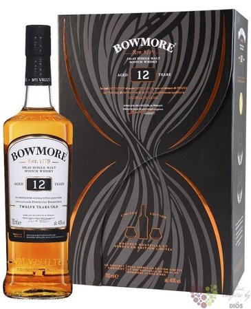 Bowmore 12 years glass set old single malt Islay whisky 40% vol.  0.70 l